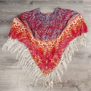 Chico's Womens Poncho Linen Triangle Boho Tribal Beaded Tassels One Size‎ Aztec